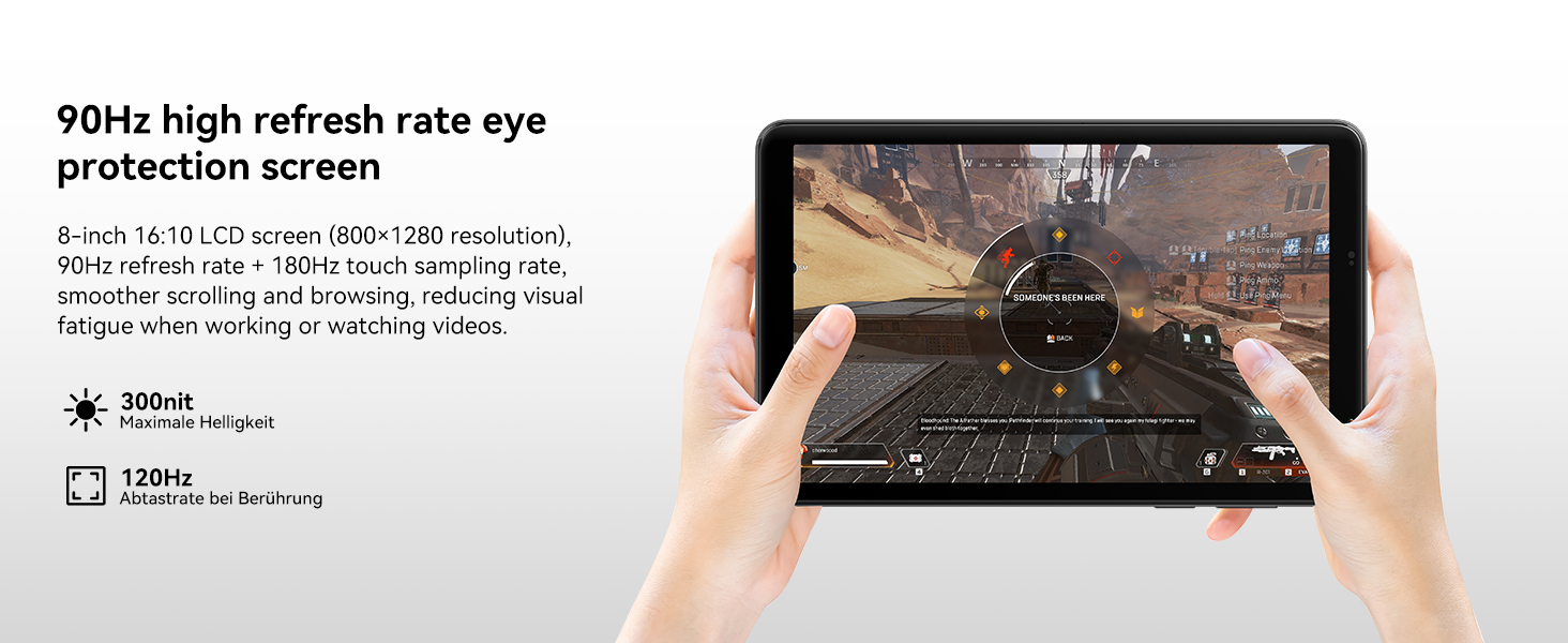 Gaming device shown displaying dark fantasy-style game interface on tablet screen, held in landscape orientation with hands visible at edges.