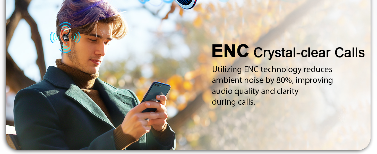Advertisement for ENC Crystal-clear Calls technology. Text states it reduces ambient noise by 80%, improving audio quality and clarity during calls.