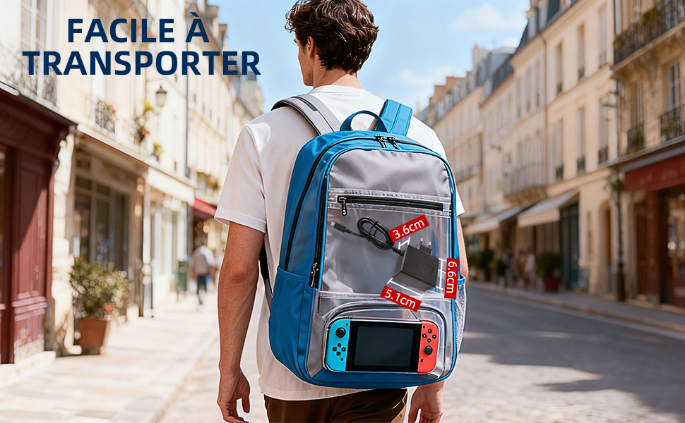 Le texte se lit comme suit : « FACILE À TRANSPORTER ». Sac à dos bleu et gris avec des éléments de design de console de jeu illustrés sur la rue de la ville.