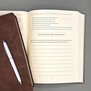 Open book with reflection and discussion question, pen, and Bible