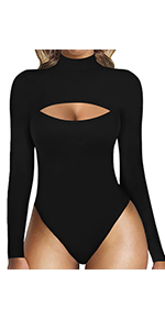 MGM042-MANGOPOP Women&amp;#39;s Sexy Cutout Front T Shirt Long Sleeve Bodysuit Jumpsuits