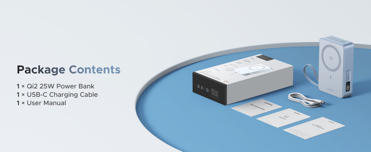 Text reads 'Package Contents'. Product packaging display showing USB-C charging cable and user manual components laid out with blue and white design elements.