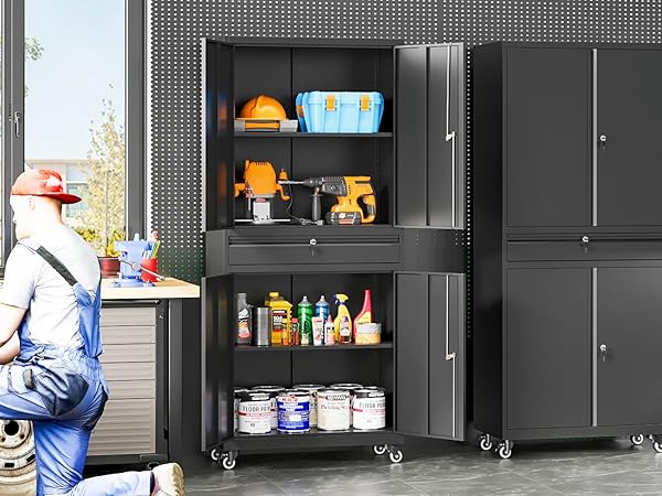 Metal Garage Storage Cabinet with 4 Wheels and 1 Drawer