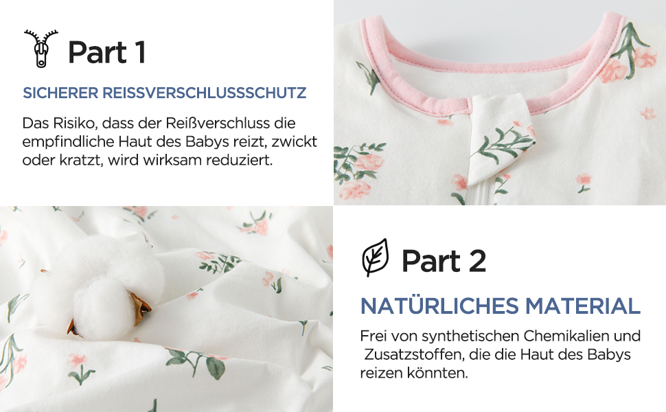 Product information display showing white baby clothing with delicate floral print and pink trim, featuring German text about natural materials.