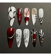 IMRAIN Press on Nails Long Stiletto Fake Nails with Red Cherry & Silver Butterfly Designs Glossy ...