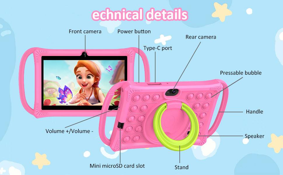 Technical details diagram showing pink gaming device with labeled parts including 'Front camera', 'Power button', and other specifications against light blue background with star patterns.