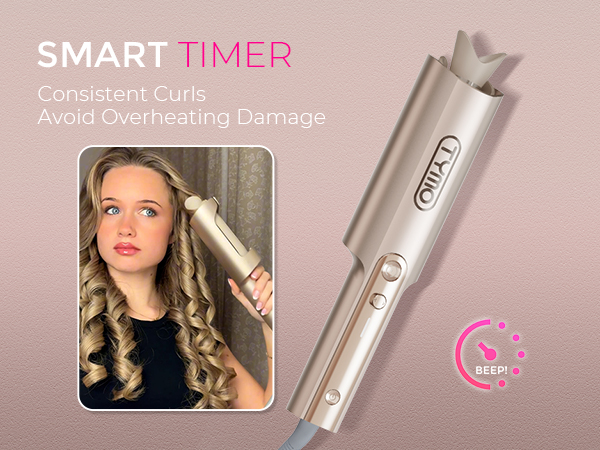 Hair styling tool with 'SMART TIMER' text overlay, shown in multiple product demonstration images.