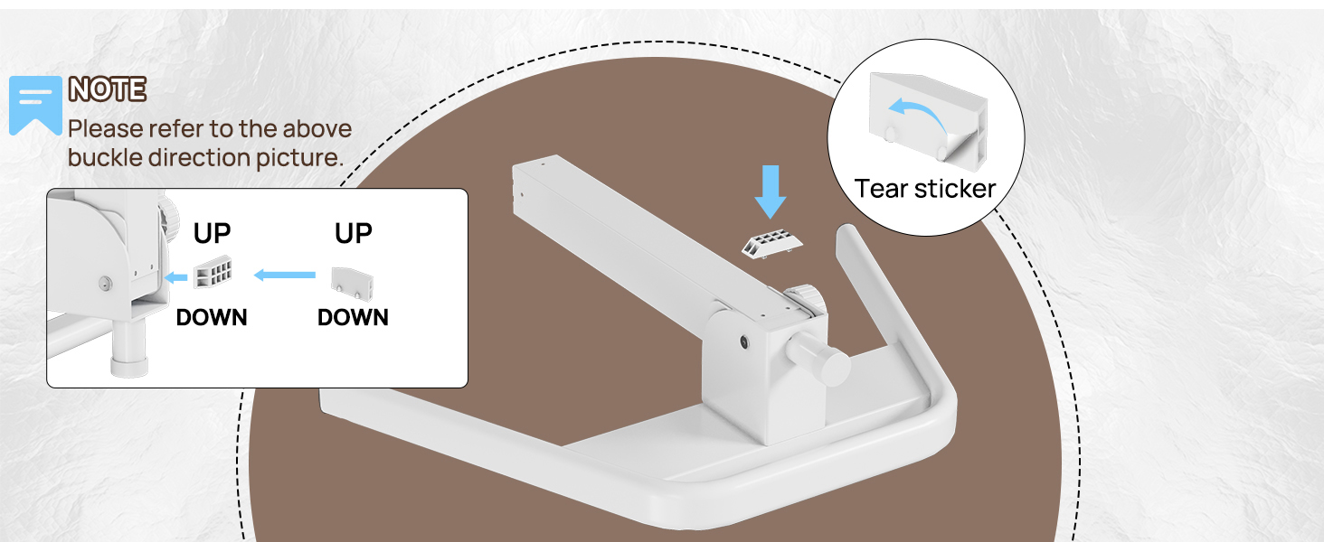 Diagram showing how to assemble the desktop to the main column, including adjusting the connecting board orientation