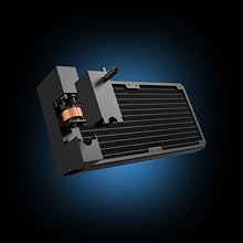 Computer liquid cooling radiator with black metal construction and horizontal fins, shown against dark background with blue backlighting.