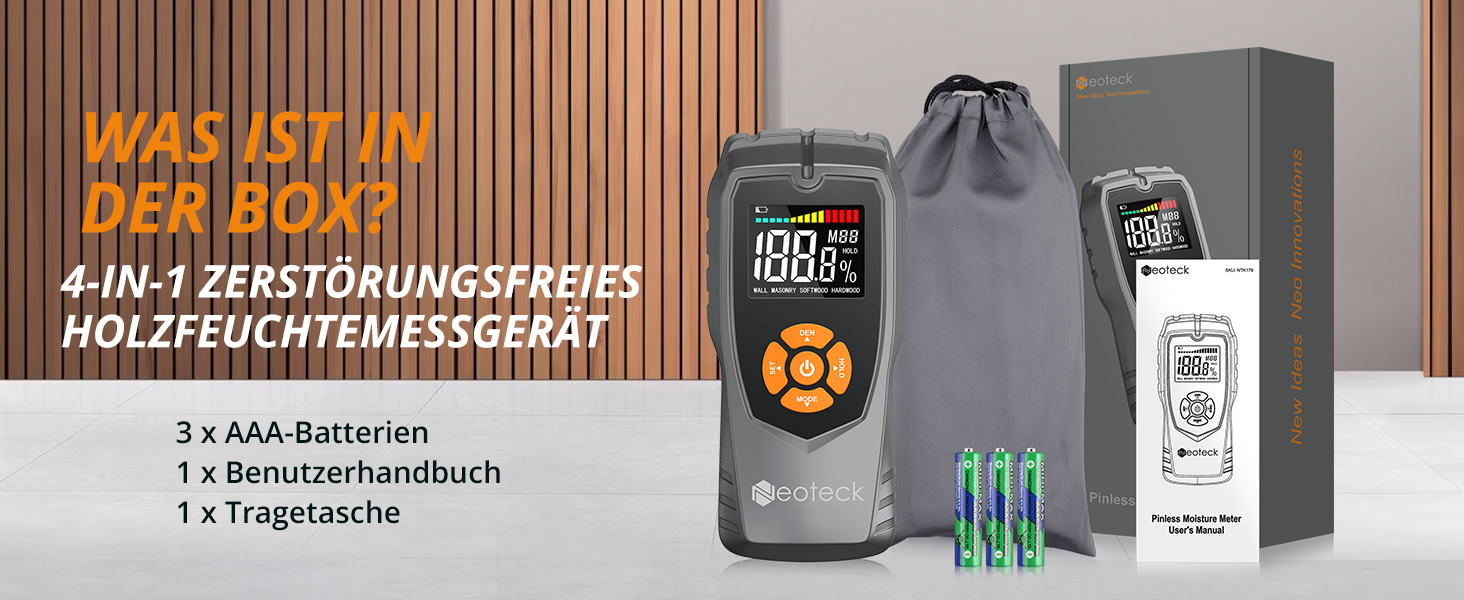 Holzfeuchtemessgerät mit Digitalanzeige, orangenes und schwarzes Design, abgebildet mit Tragetasche und Batterien.