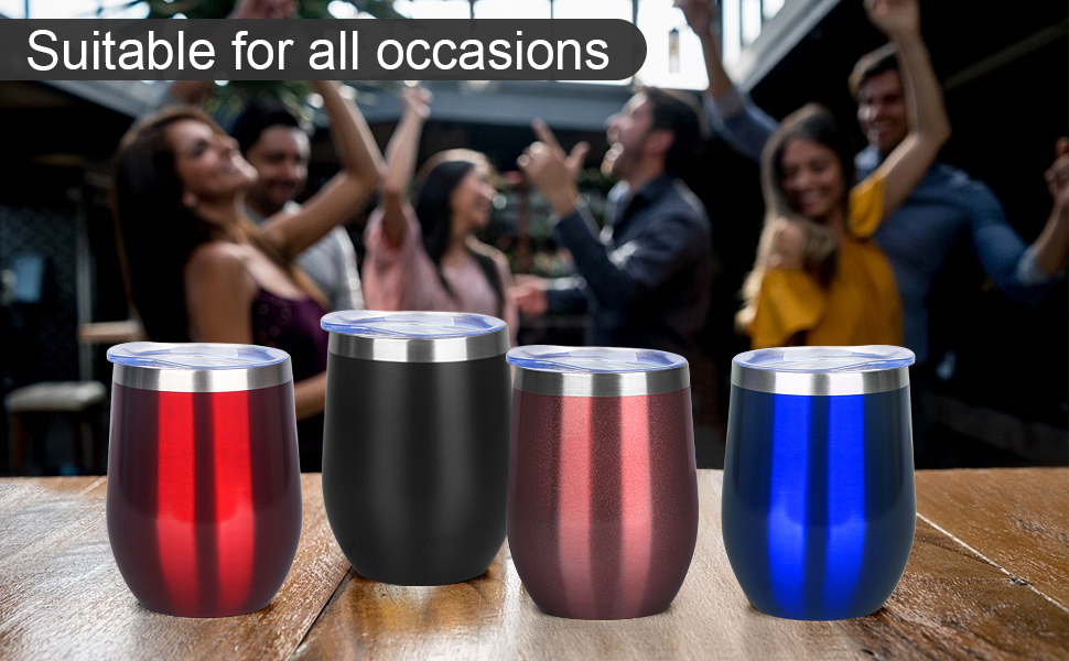 Multi-colored wine glasses are red, blue, rose gold, black