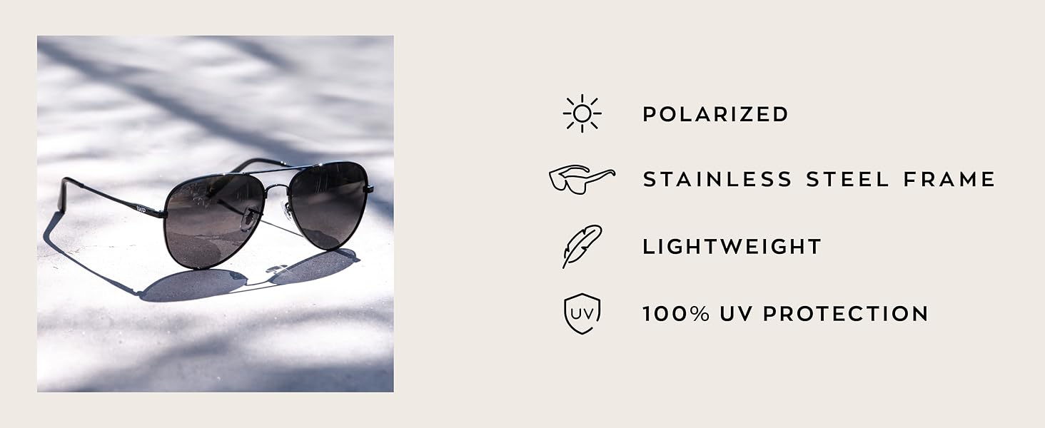 Polarized sunglasses, stainless steel frame, lightweight, 100% UV protection, stylish and durable
