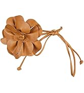 CALFOVERA 0.3 Inch Big Flower Decor Skinny Waistband Brown Boho Flower PU Leather Waist Belt Thin...