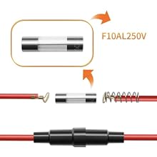 Electrical fuse F10AL250V with glass tube and metal end caps. Diagram shows internal spring and wire components. Black cylindrical connector with red wires attached.