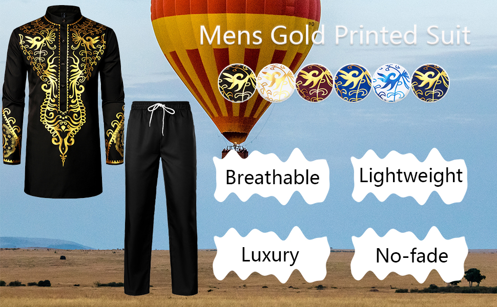 mens black and gold shirt and pants with a hot air balloon