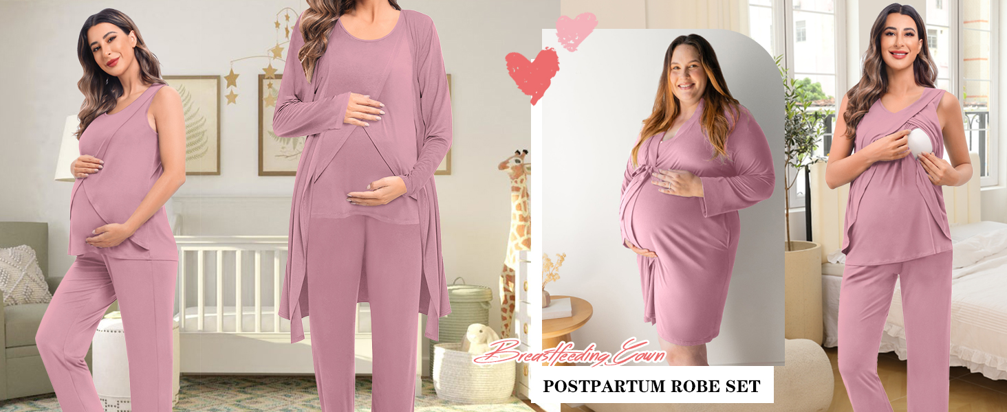 Maternity Nursing Robe Set 3 PCS Postpartum Breastfeeding Pajamas Pregnancy Pjs Lounge Set