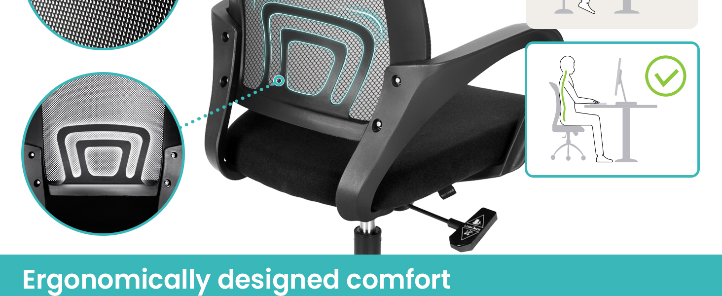 Breathable Mesh with lumbar for proper posture and support for the body. 
