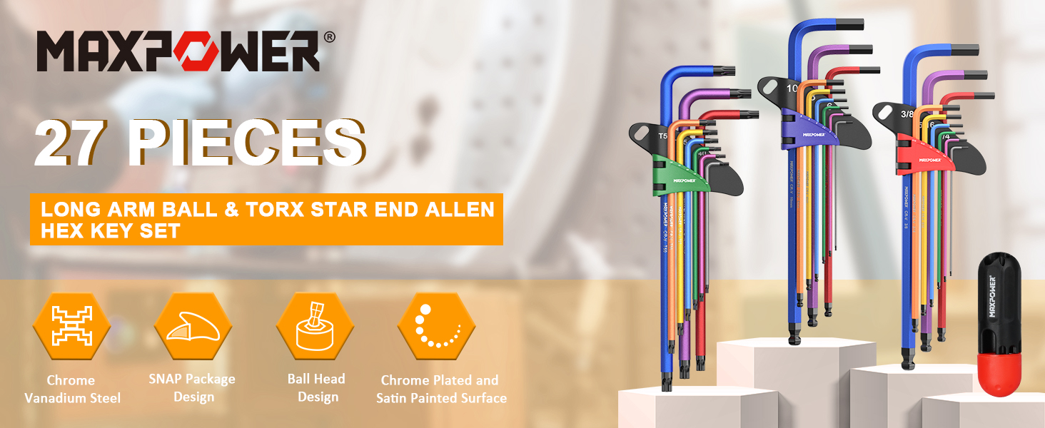 MAXPOWER Allen Key Set, 27Piece Allen Wrenches Set Includes SAE (1/63