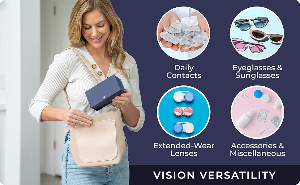 woman places travel contact case for daily contacts and glasses in purse