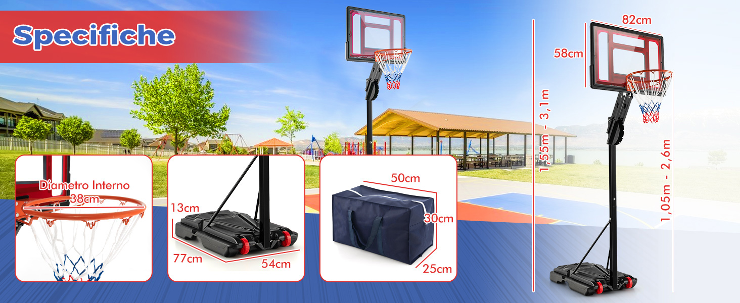 Sistema portatile di canestro da basket con specifiche. Mostra la configurazione completa e i singoli componenti con misure in centimetri.