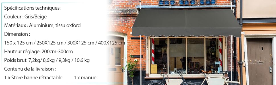 RELAX4LIFE Store Banne Sans Perçage Hauteur Réglable 200-300CM Avec Manivelle, Auvent Balcon Rétractable Anti-Soleil Installation Sans Perçage Pour Balcon, Jardin, Patio(Gris, 300 X 125 Cm) 17 cm