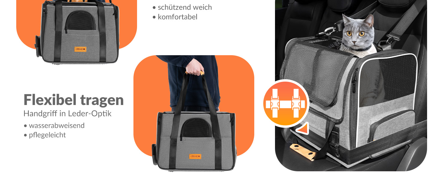 Der Text lautet „Flexibel tragen“. Produktvorführung einer orangefarbenen und grauen Tragetasche auf drei Paneelen, die verschiedene Tragepositionen zeigt und in der sich eine Katze befindet.