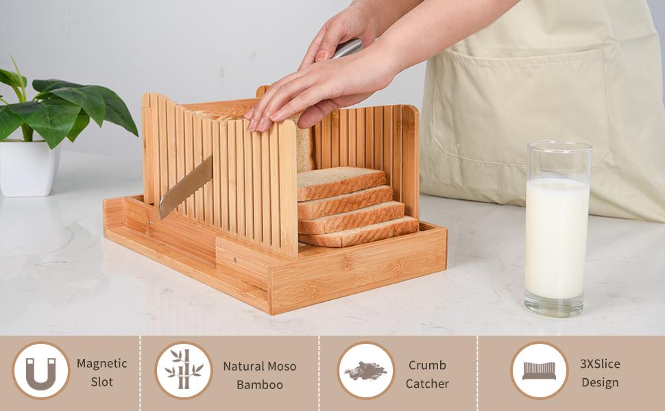 WORTHYEAH Bamboo Bread Slicer with Knife, Foldable Wooden Bread Slicer with 3