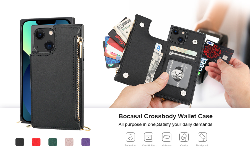 Bocasal Crossbody Wallet Case for iPhone 13 with RFID