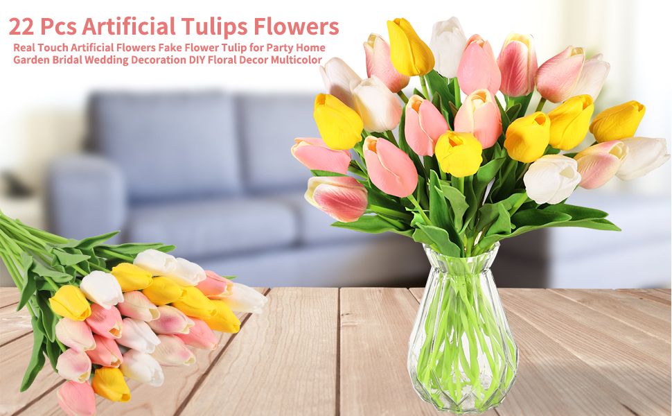 HuaJiao 22 Pcs Artificial Tulips Flowers, Real Touch Artificial Flowers