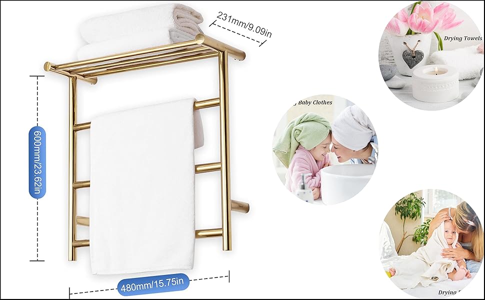 Sèche-Serviette Électrique Or, Chauffe-Serviettes Porte-Serviettes Chauffant Électrique Mural Acier Inoxydable Radiateur De Salle De Bain, 600x480mm, 35 W, Style B 16 SWHC Sèche-Serviette Électrique Or