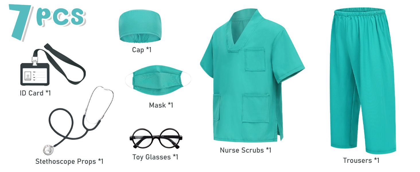 Doctor Costume for Kids Scrubs with Accessories,7Pcs Toddler Halloween Costume for Boy Girls