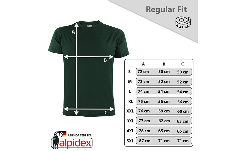 T-shirt verde scuro con tabella delle taglie che mostra le misure per una vestibilità regolare in diverse taglie dalla S alla 5XL, comprese le dimensioni della larghezza e della lunghezza del torace
