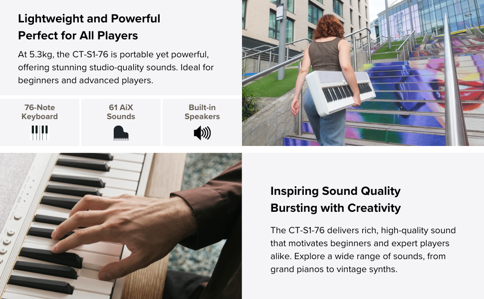 The Casio CT-S1-76 is great for music on the go, as it weighs only 5.3kg