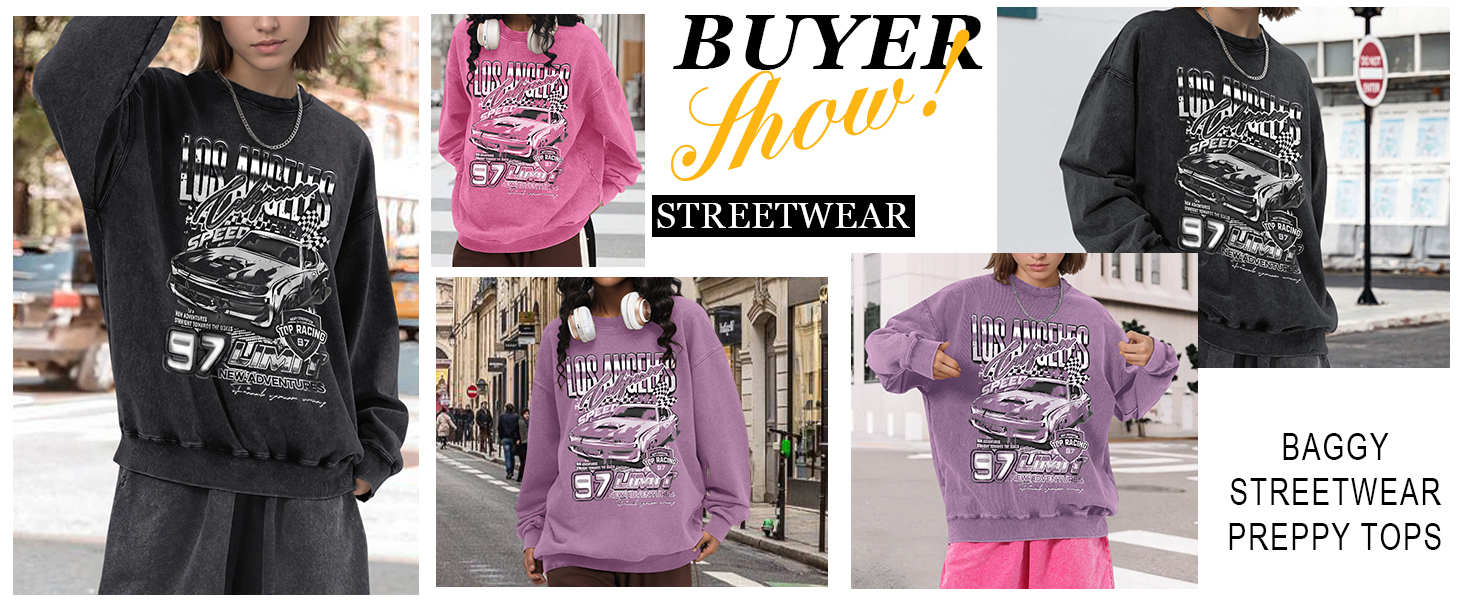 Oversized Graphic Sweatshirts for Women Vintage Race Car Long Sleeve Shirt