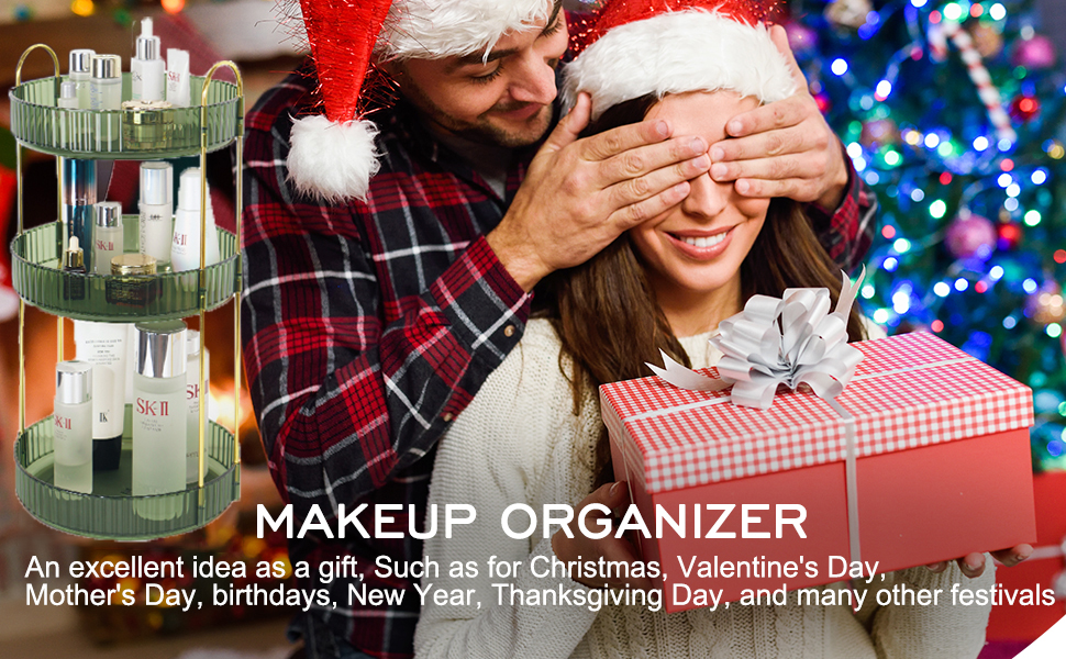 Three-tier rotating makeup organizer with multiple compartments for storing cosmetics and beauty products. Text suggests it as a gift idea.