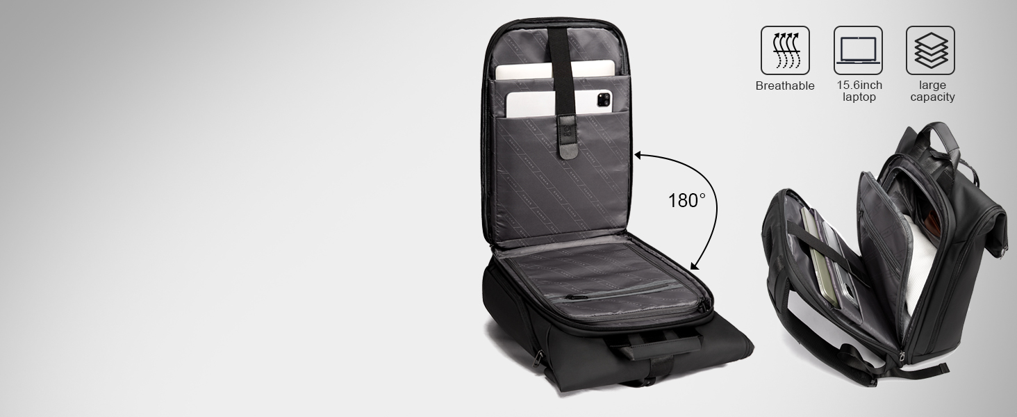 Sac à dos ouvert pour ordinateur portable avec plusieurs compartiments et poches. Intérieur en tissu gris avec sections rembourrées pour la protection de l'appareil. Les icônes indiquent les fonctionnalités de l'ordinateur portable, de la tablette et de l'antivol