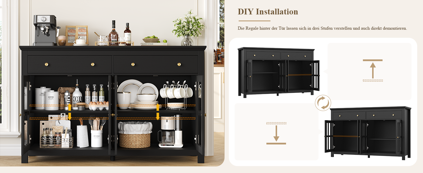 Schwarzes Sideboard aus Holz mit Schubladen und offenen Regalen, auf dem Geschirr, Flaschen und Dekor ausgestellt sind. Das nebenstehende DIY-Installationsdiagramm zeigt die Montageschritte für ein ähnliches Möbelstück