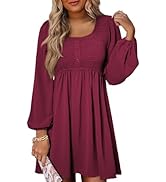 Dokotoo Womens 2025 Casual Dress Smocked Crewneck Button Up Long Sleeve Empire Waist A-Line Mini ...