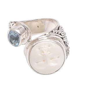 NOVICA Artisan Handmade .925 Sterling Silver Blue Topaz Cocktail Ring Bone Gemstone Sparkling Face