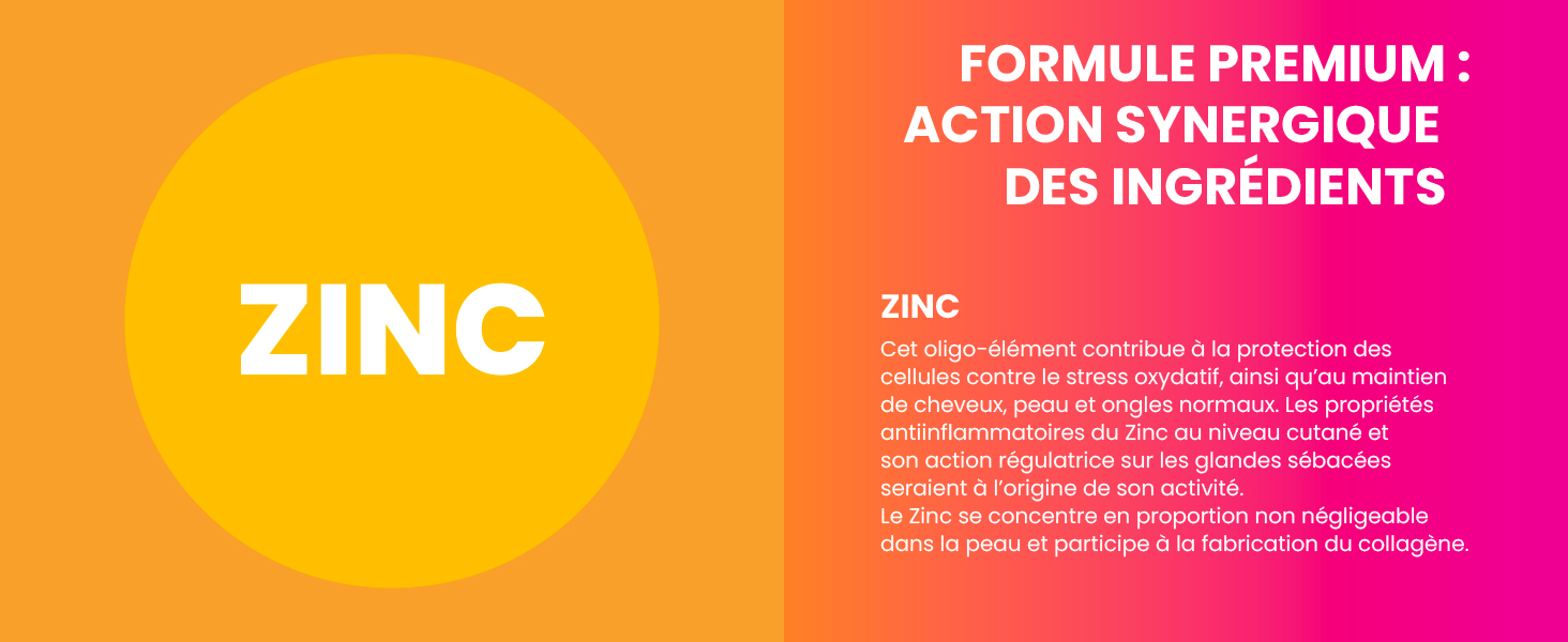 Graphique informatif de couleur orange et corail sur le zinc, avec un texte en français décrivant les avantages et les propriétés du zinc.