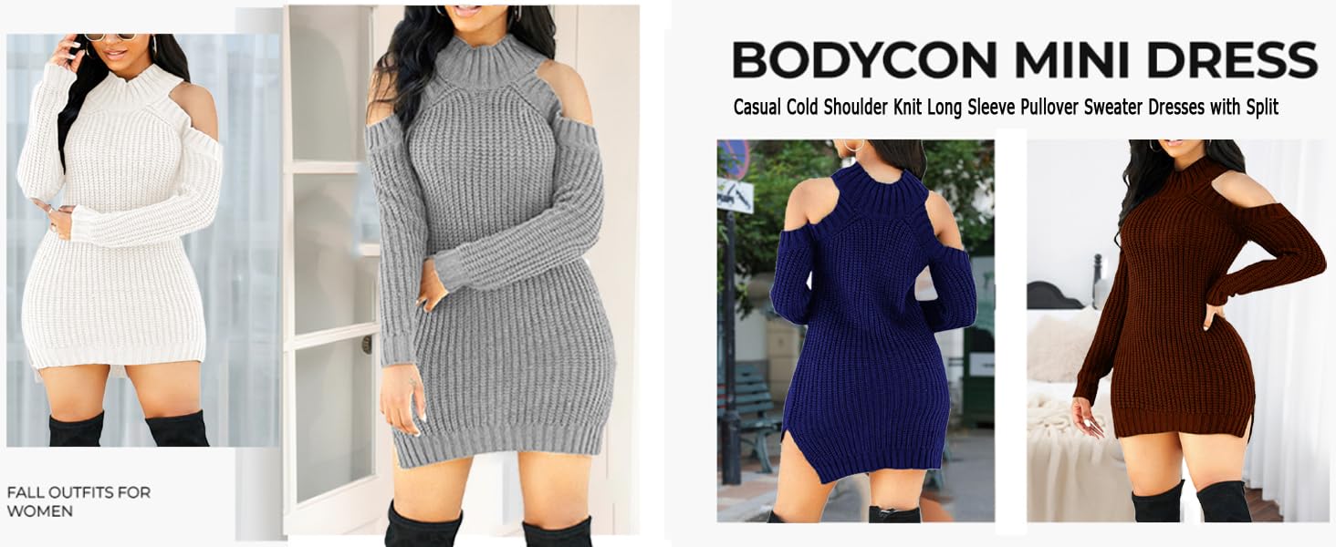 Elegant Sweater Dress for Women Cold Shoulder Knit Long Sleeve Pullover Sweater Dresses with Split