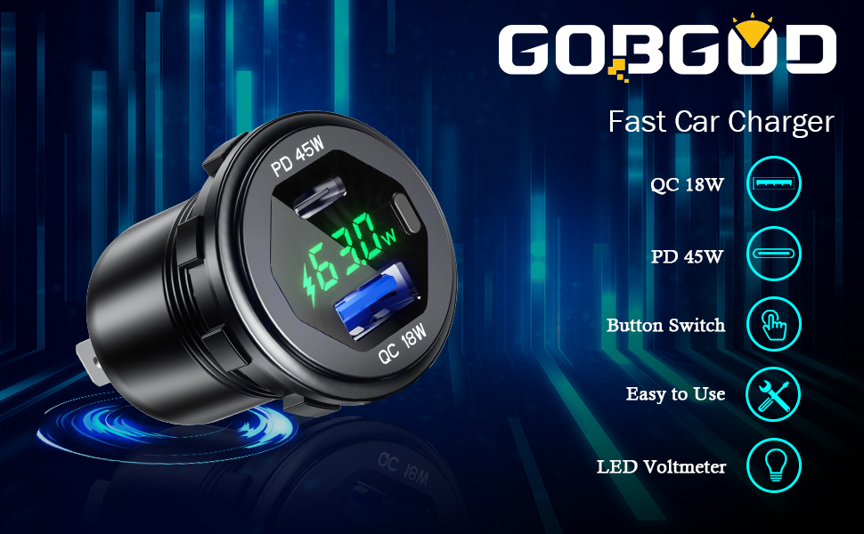 USB C Car Charger Socket 12V/24V USB Outlet, 45W PD Type C