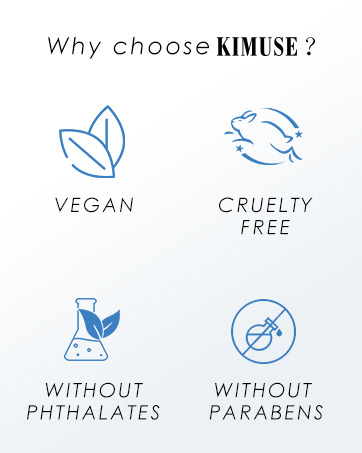 Product quality infographic with four blue icons indicating vegan, cruelty-free, phthalate-free, and paraben-free product features.