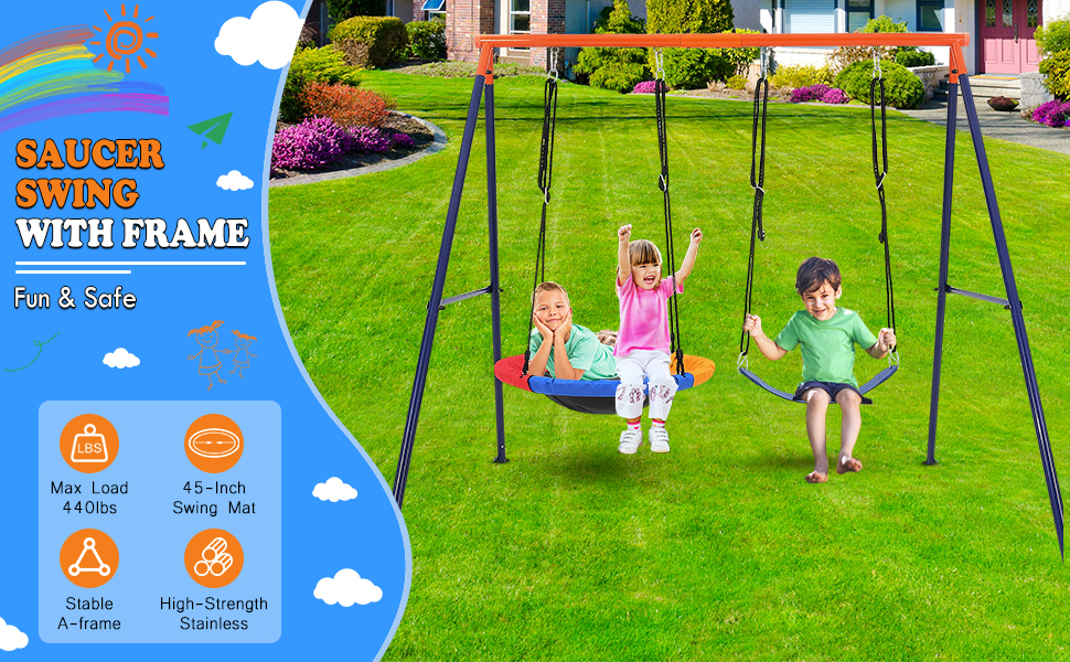 32 Saucer Swing with Frame for Kids Outdoor, 440lbs Saucer