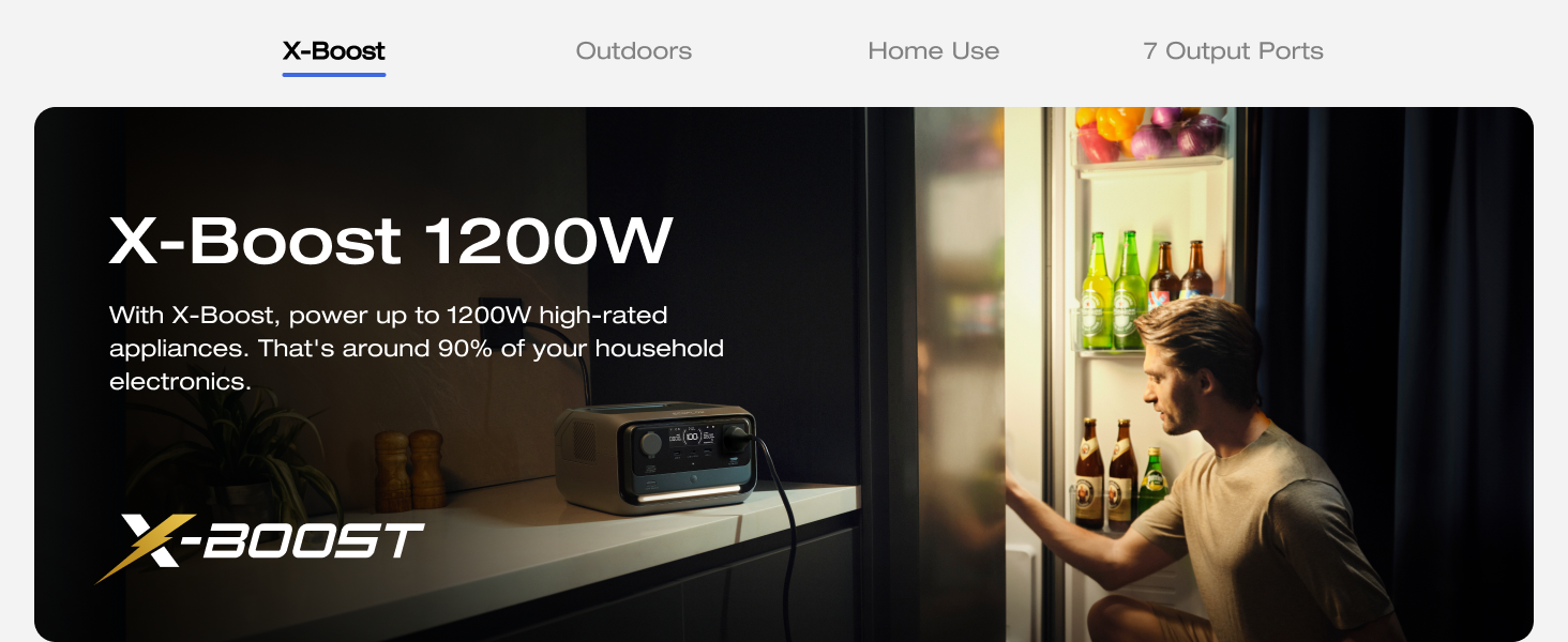 X-Boost 1200W product interface showing menu navigation and settings display panel with indoor/outdoor options.