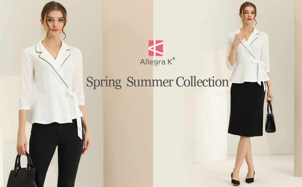Allegra K Peplum Tops for Women's Tie Waist Notch Lapel
