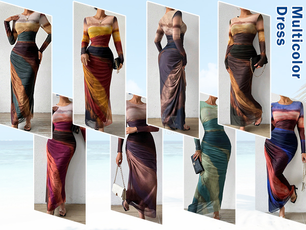 MARZXIN Womens Long Sleeve Maxi Dress Bodycon Ruched Natural