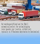 Busy shipping container yard with colorful containers, trucks, and cranes. Text describes automatic shipping route selection from warehouses in Poland and UK, with 3-7 day delivery times.