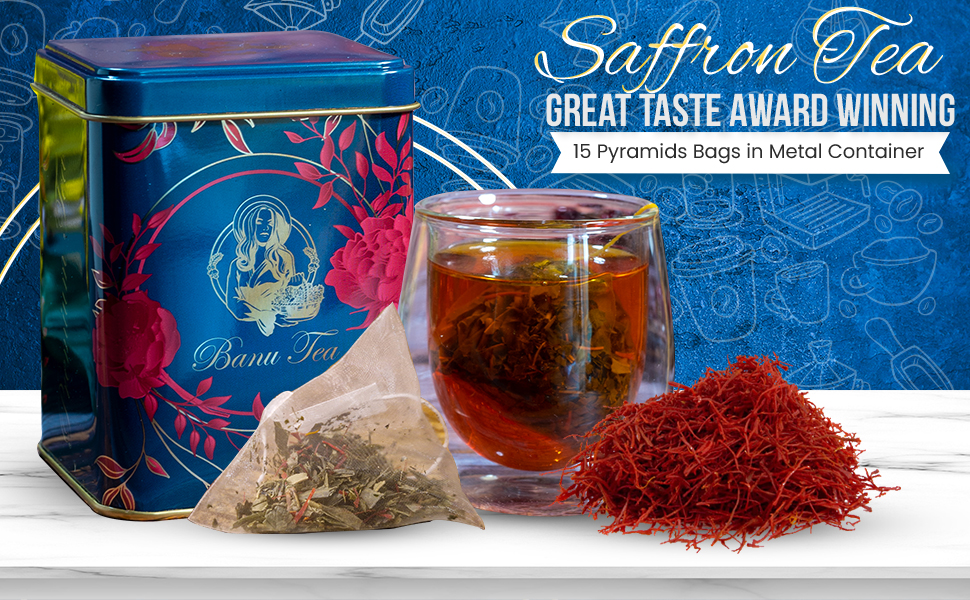 Saffron Tea Great Taste Award Winning 15 Pyramids Bags in Metal