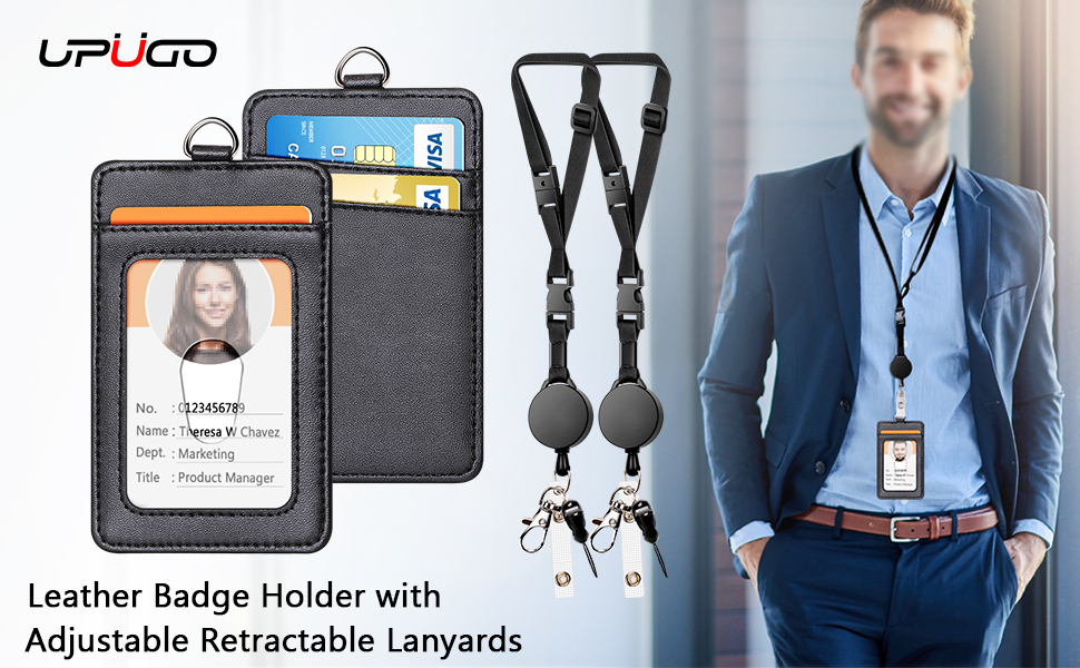 Leather Badge Holder and Adjustable Retractable Lanyards, Quick Release Buckle and